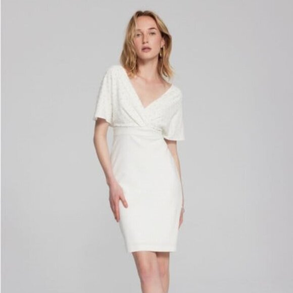 Austin Reed Wool Dress V-Neck Cross Front Short Sleeve Cream Lined Sheath 8 NWT - Picture 1 of 9